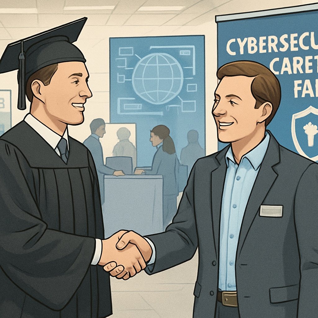 A university graduate shaking hands with a recruiter at a cybersecurity career fair, symbolizing the link between education and employment. University graduate at a cybersecurity career fair, representing education-to-employment pathways.