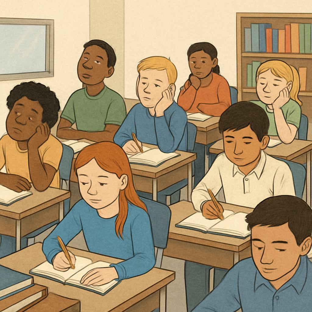 A diverse group of students sitting in a classroom, with some appearing disengaged and bored while others are focused on their work. Students showing signs of disengagement and boredom in a K12 classroom.