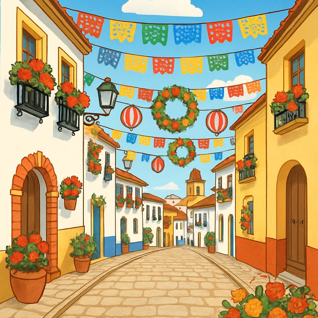 A vibrant Spanish street during a cultural festival, showcasing the local traditions and atmosphere. Spanish street with cultural festival decorations.