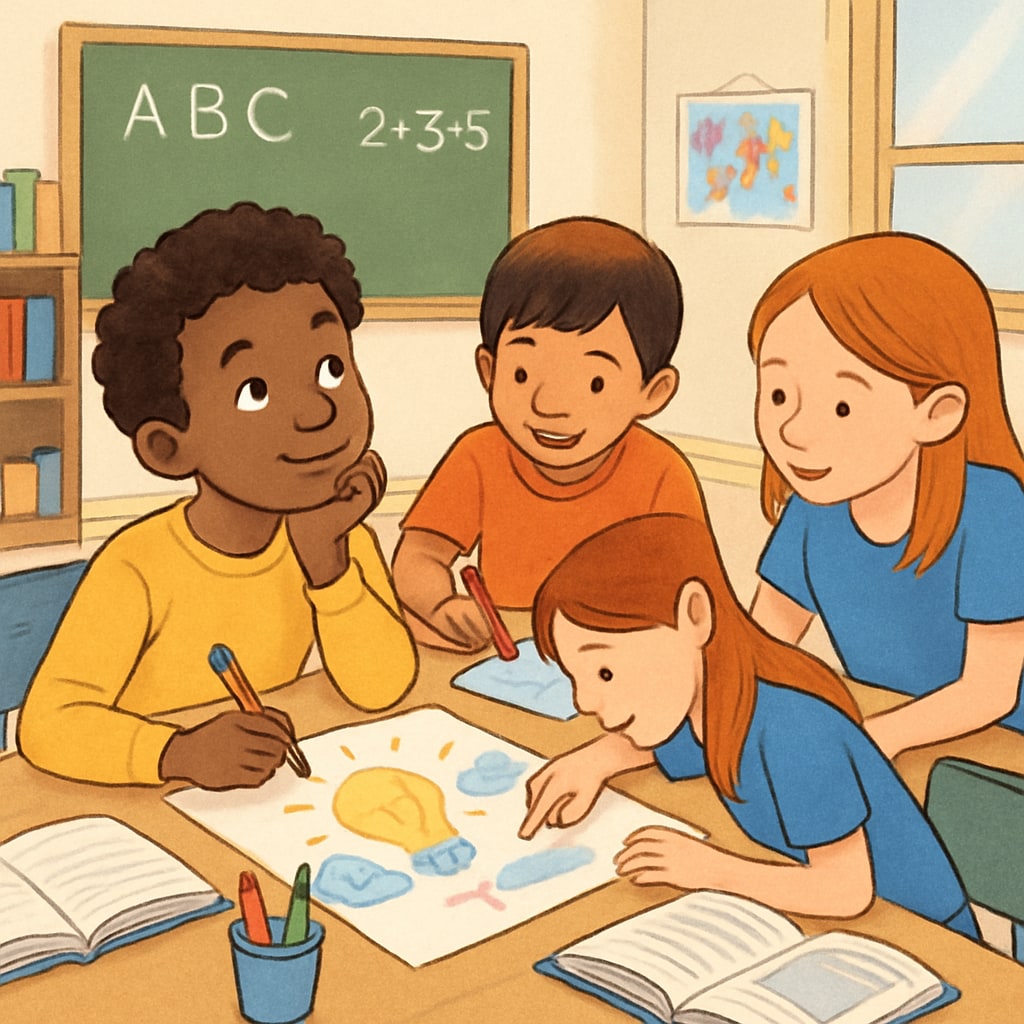 A thoughtful student engaging in a creative group activity in a classroom setting, highlighting diverse learning methods. A student participating in a creative group task, showcasing alternative education assessment methods.