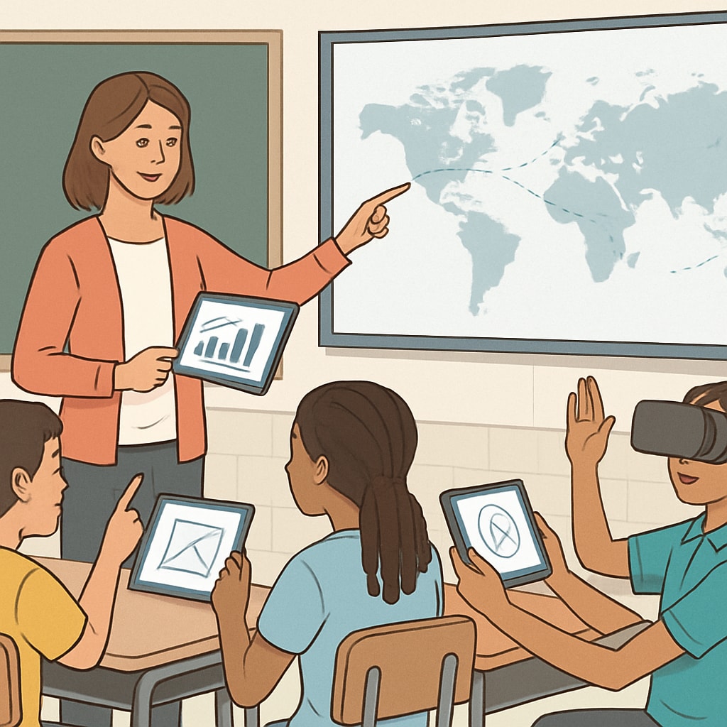 A teacher using interactive tools such as tablets or virtual reality in a classroom to engage students. A teacher utilizing technology to combat student boredom in K12 education.