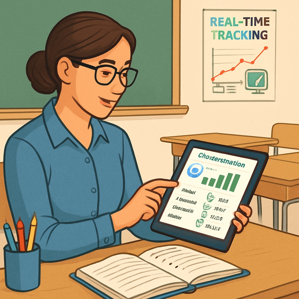 A teacher using a tablet to review a student's real-time progress on an educational platform, representing real-time tracking. A teacher monitoring a student's real-time progress using technology for education assessment.