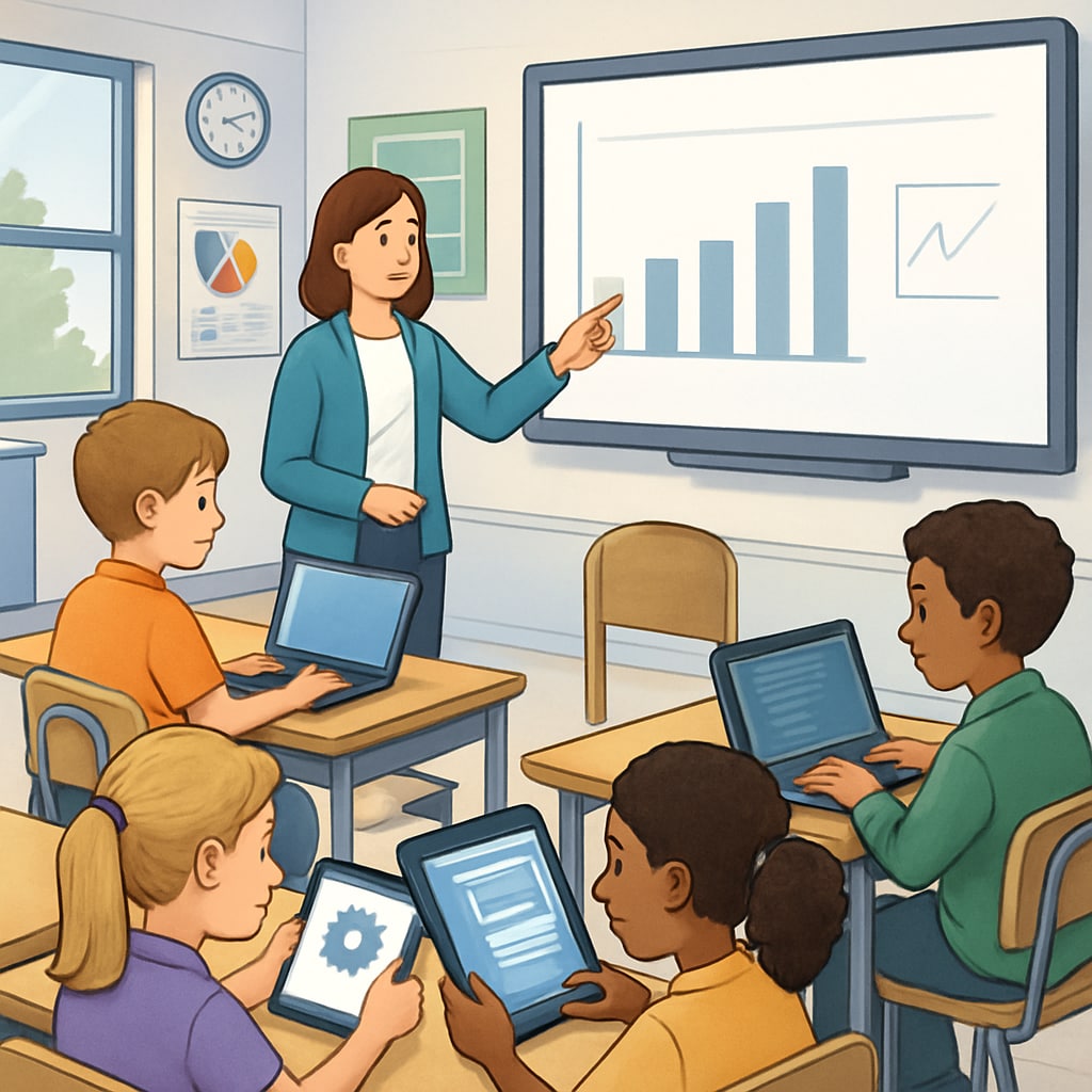 A classroom setting where students are learning digital skills, representing the shift in education priorities. Students learning digital skills to adapt to modern workforce demands.