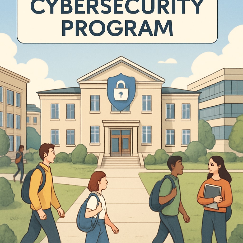 A university campus known for its strong cybersecurity program, with students walking and modern buildings visible. University campus promoting cybersecurity programs and career opportunities.