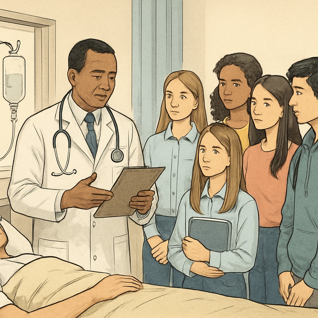 A group of high school students observing a doctor during a clinical round in a hospital setting. High school students shadowing a doctor during hospital rounds as part of a school project.