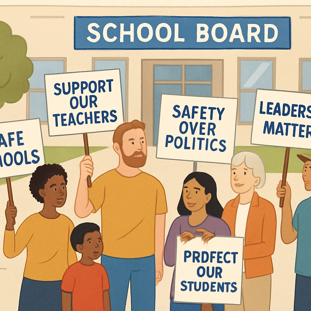 A community protest outside a local school board office advocating for safer leadership in schools. Community members protesting for safer school board leadership to protect students.