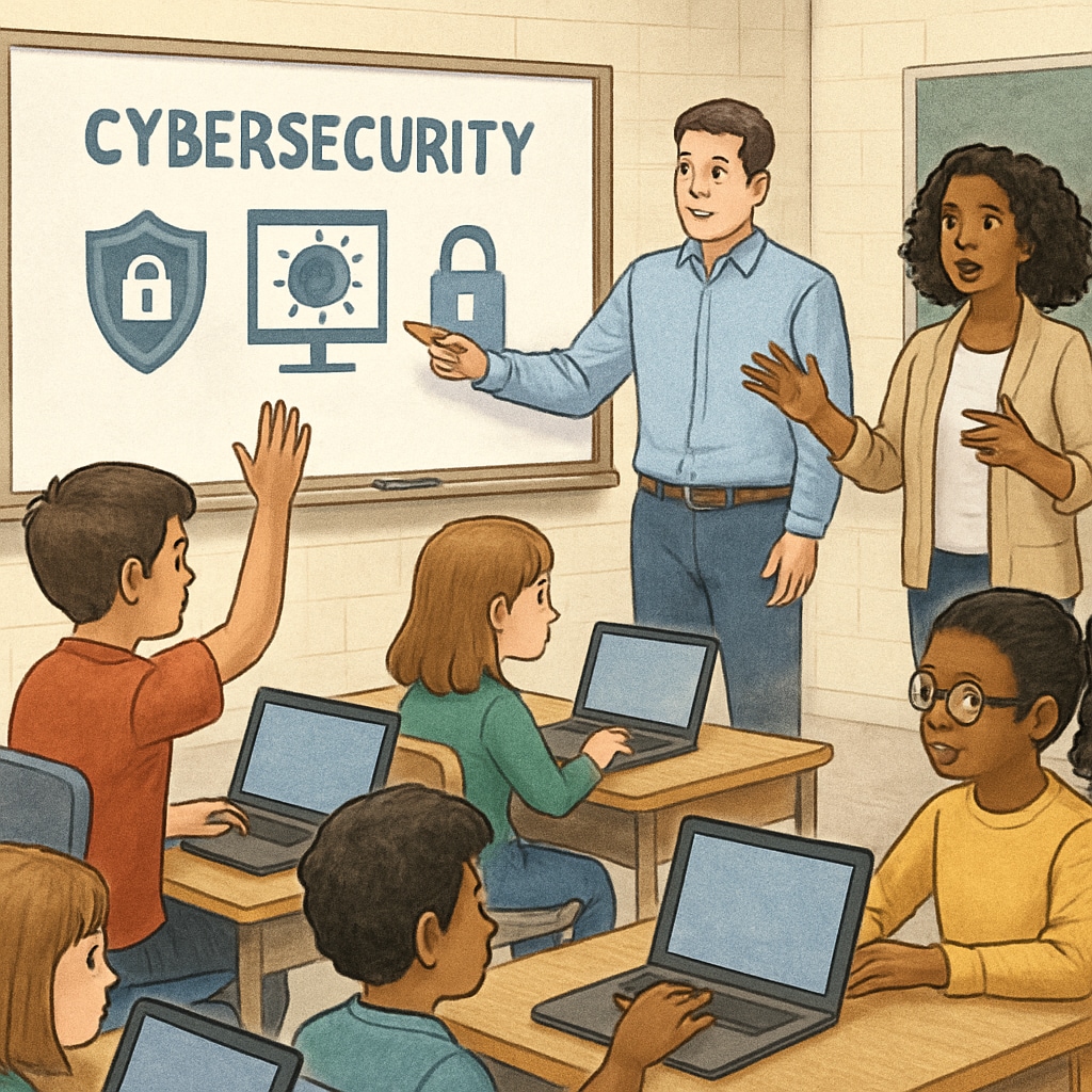 K12 students participating in a cybersecurity workshop, with laptops and instructors visible in a classroom setting. K12 students learning cybersecurity skills in an interactive workshop.