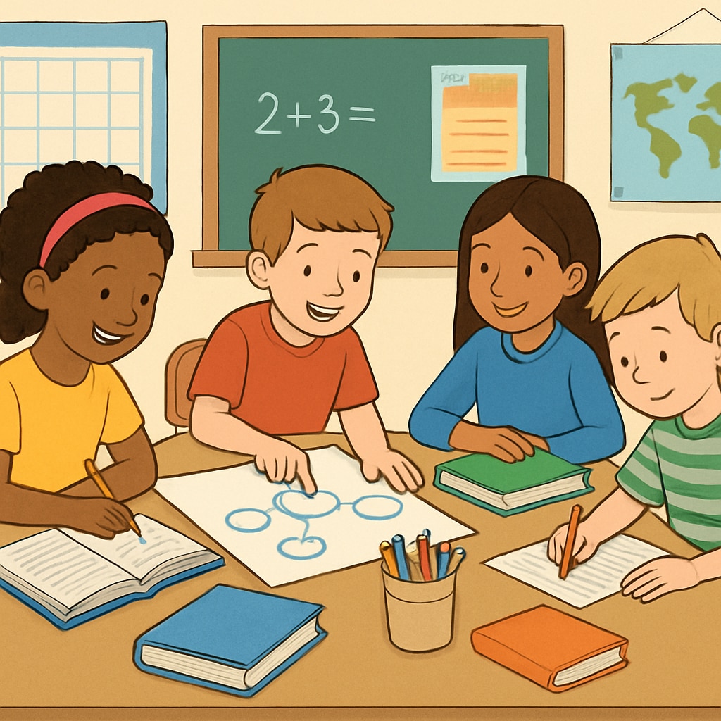 A group of elementary school students actively engaging in a collaborative classroom activity. Elementary students participating in an interactive classroom session.