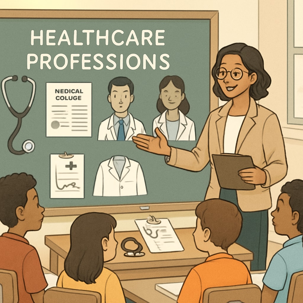A teacher facilitating a career exploration workshop focused on healthcare professions for K12 students. Teacher leading a healthcare career workshop as part of a school shadowing program.
