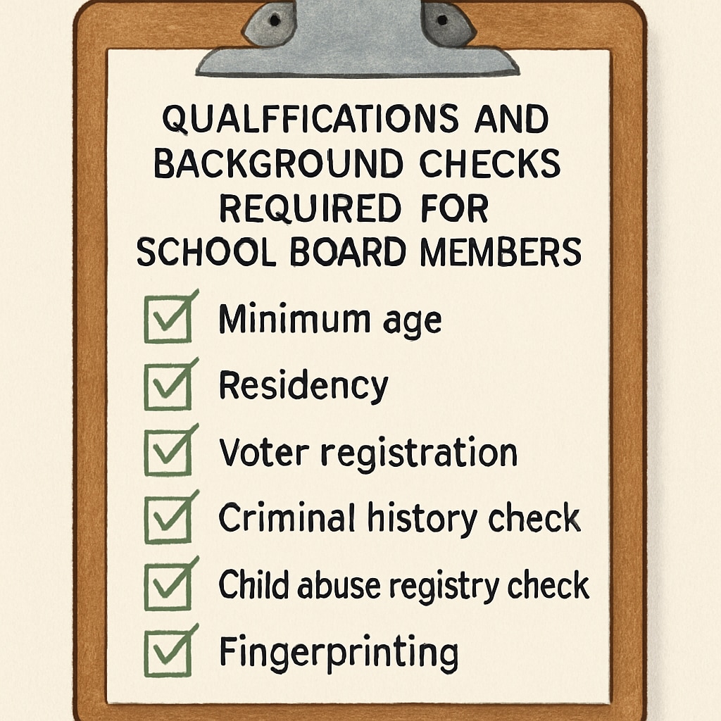 A checklist of qualifications and background checks required for school board members, displayed on a clipboard. Checklist of qualifications and background checks for school board members to ensure child safety.