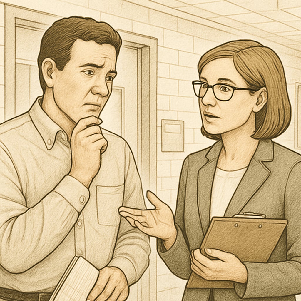 A concerned parent speaking with a teacher in a school hallway, highlighting communication during school evaluations. Parent discussing concerns with a teacher during a school evaluation visit.