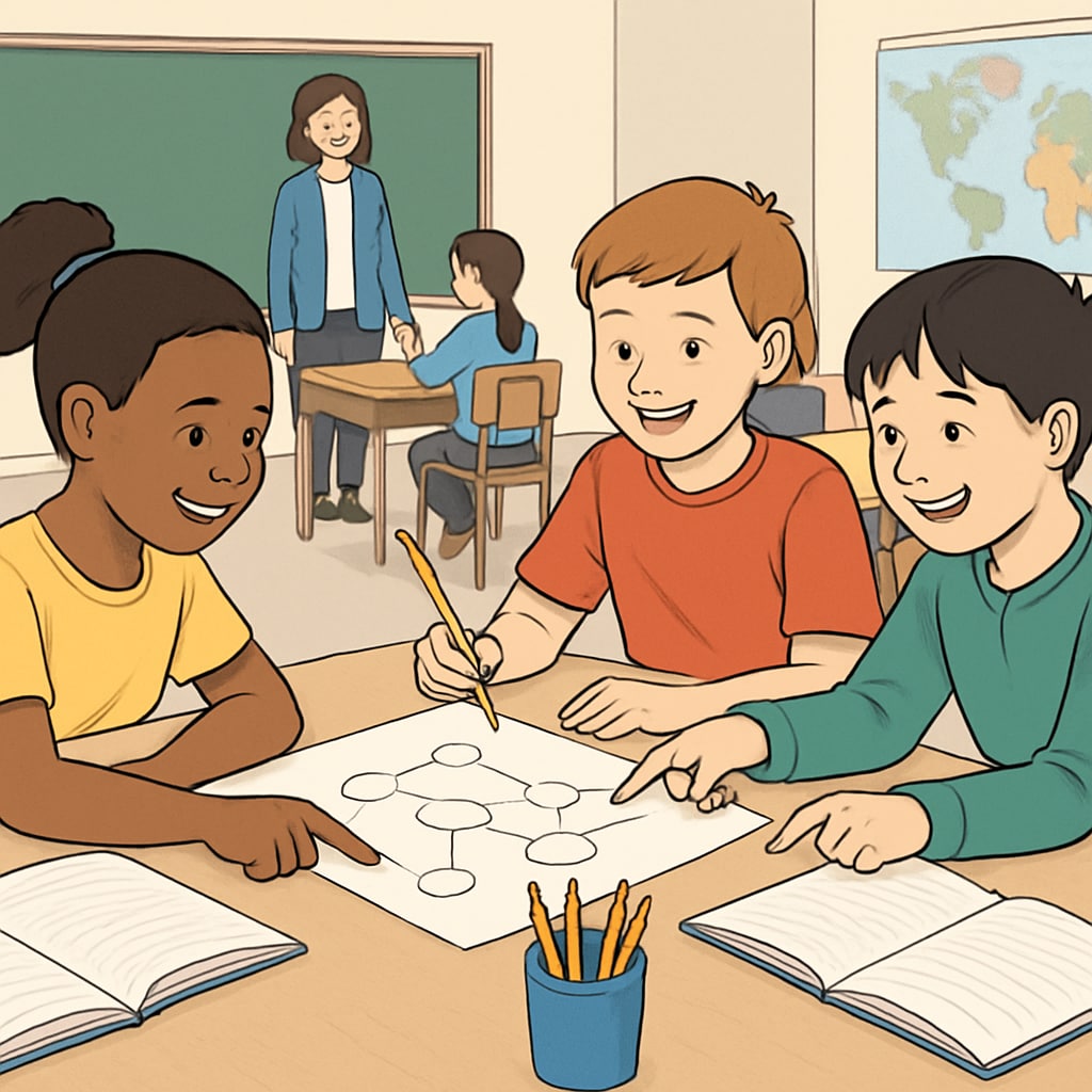 A classroom with students actively engaged in a group activity, emphasizing learning interaction. Students in a classroom participating in group work, illustrating engagement and collaboration.