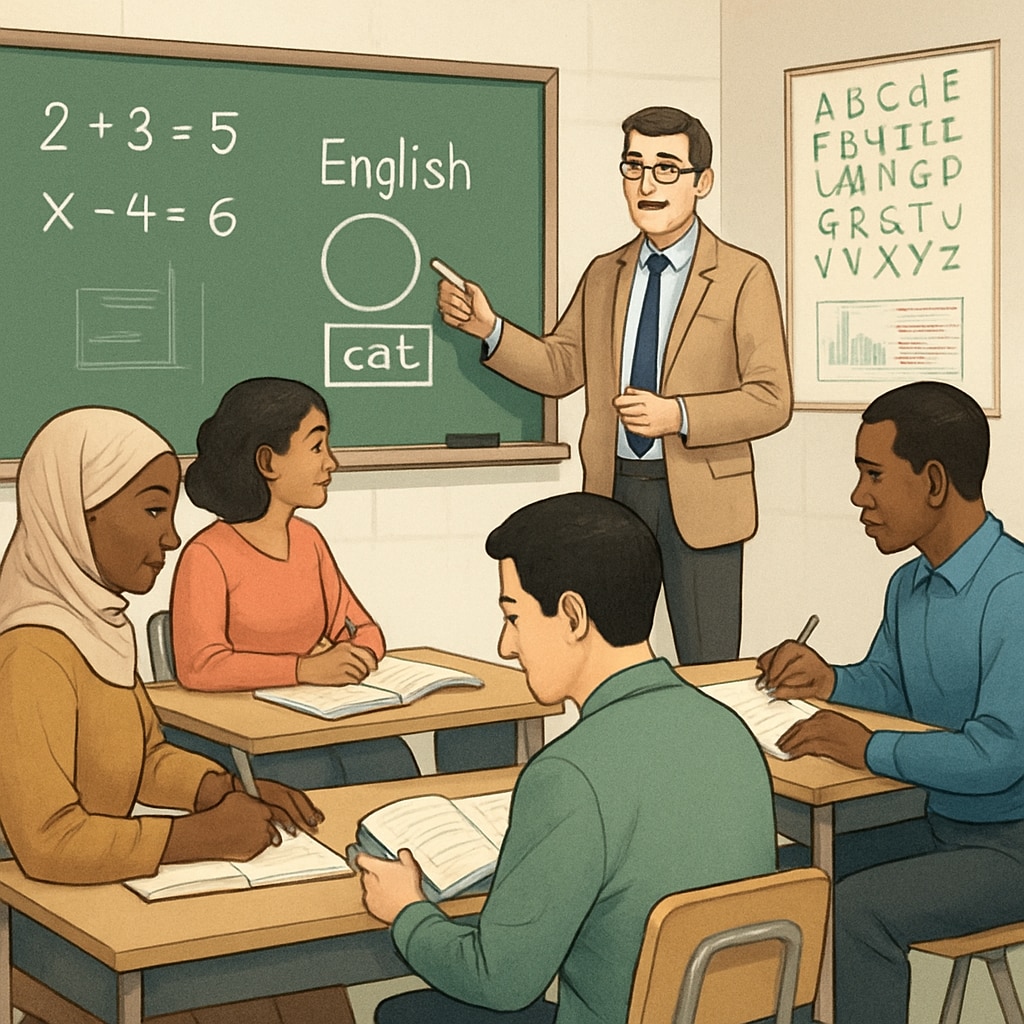 An adult classroom setting where immigrants are learning foundational subjects like math and English. Adult students learning foundational subjects such as math and English in a classroom setting.