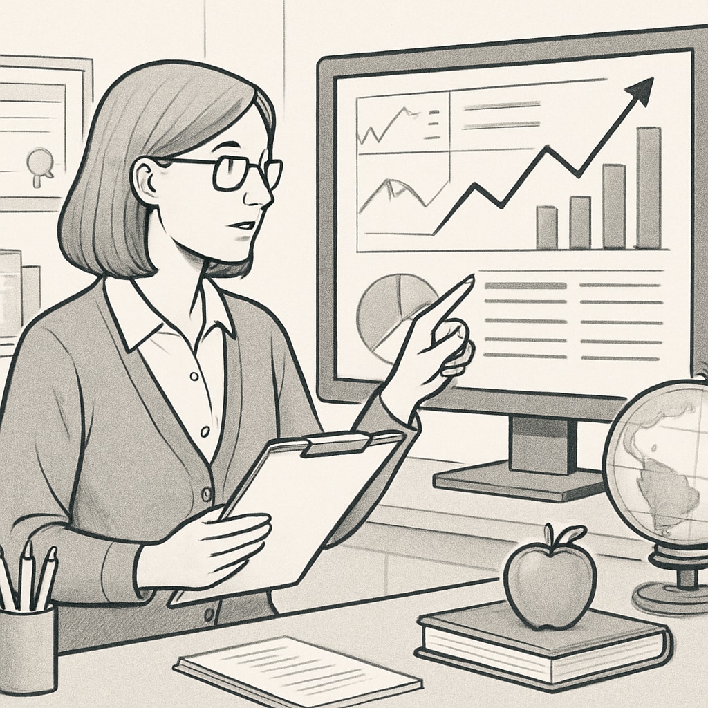 A teacher reviewing real-time data on a digital dashboard to personalize instruction for students. Educator analyzing real-time learning data on a digital platform to tailor teaching approaches.