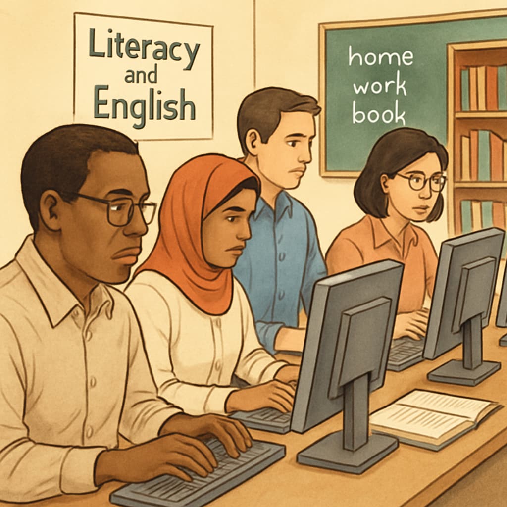 A group of adult students using computers in a literacy and English learning class. Adult learners in a literacy and English class, working on computers to practice language skills.