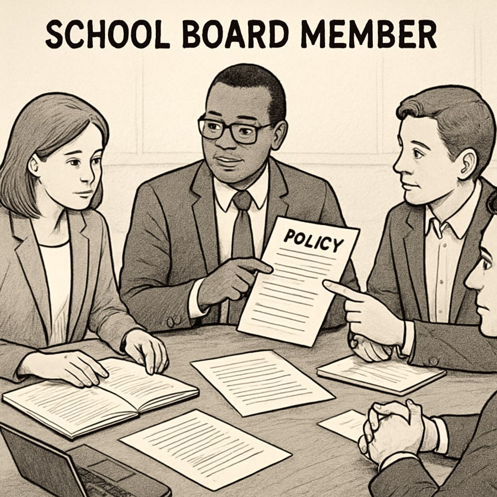 School board member reviewing policy documents with colleagues for effective governance.