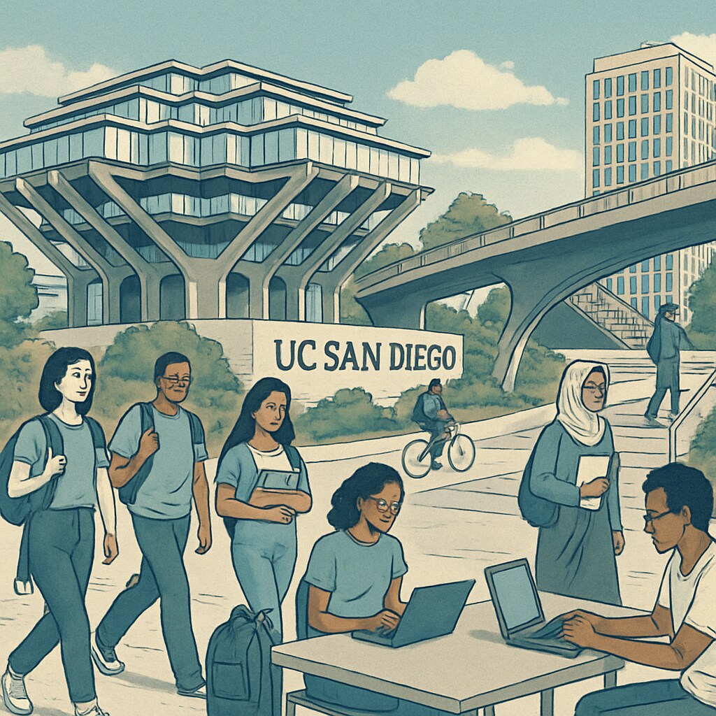 UC San Diego campus with students representing diversity and growth.