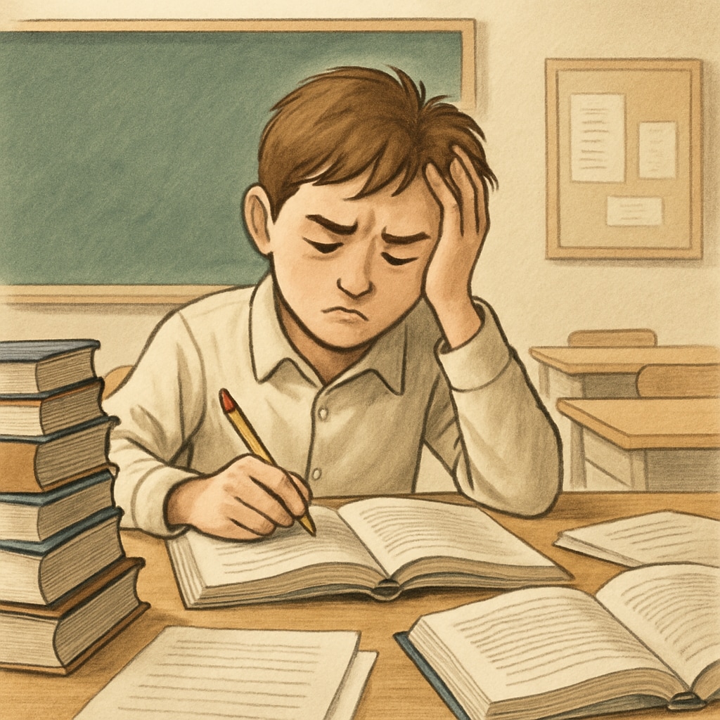 A young student looking stressed while studying in a classroom setting. A stressed student studying under the pressure of talent labels in education.