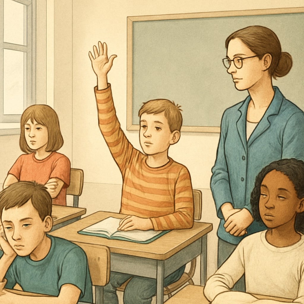 A classroom with students raising hands, where a teacher focuses on one student while others look disengaged. A classroom scene illustrating the marginalization caused by talent labels.