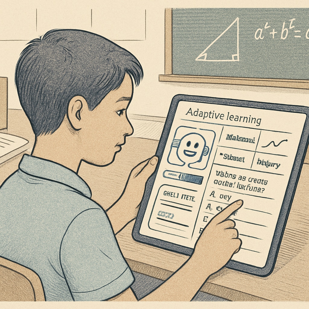 A student using an AI-powered personalized learning platform on a tablet, showing adaptive content tailored to their progress. A student engaging with personalized learning through an AI-powered educational platform.