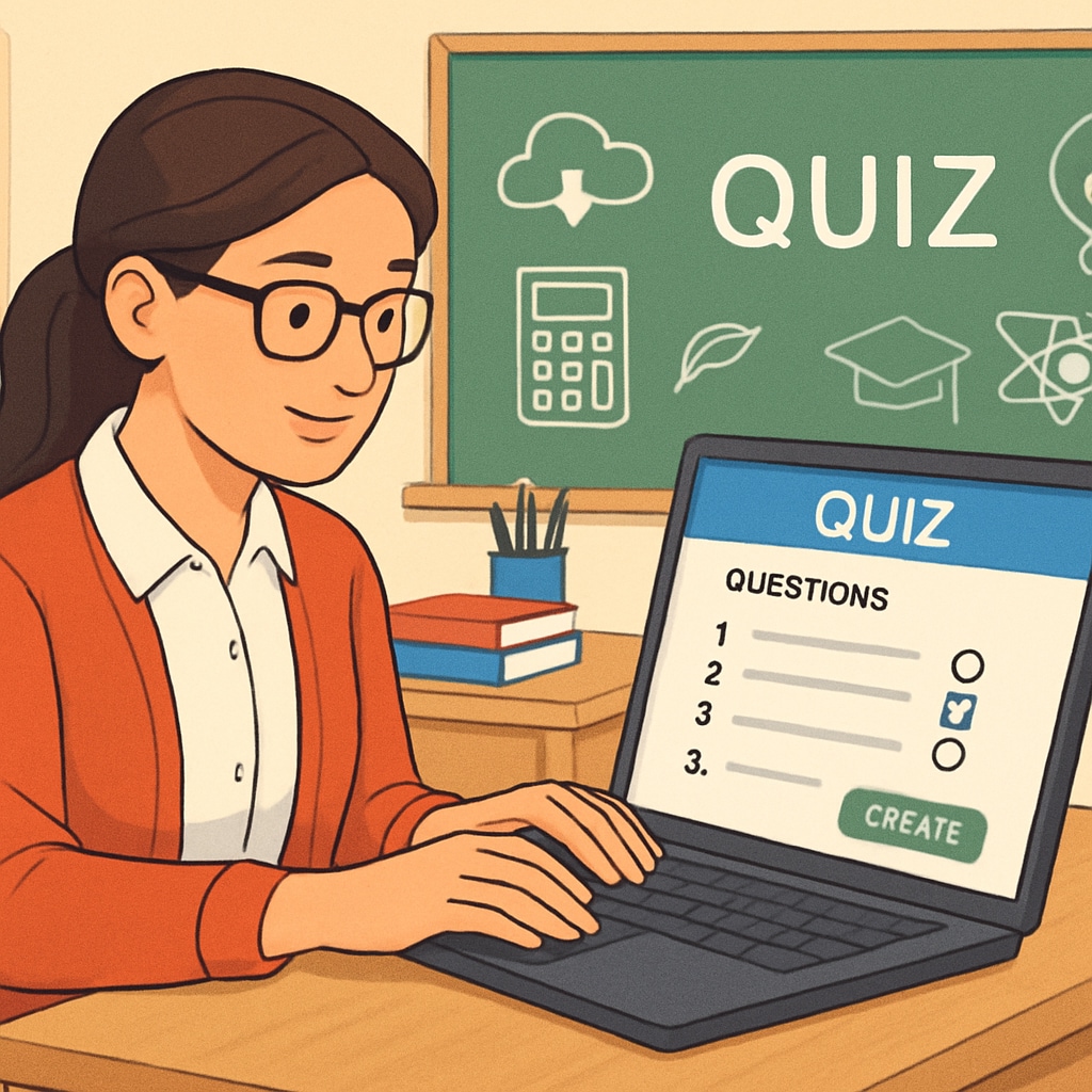 A teacher using a digital platform to create customized quizzes for students. Teacher creating quizzes with a teaching tool for K12 students.