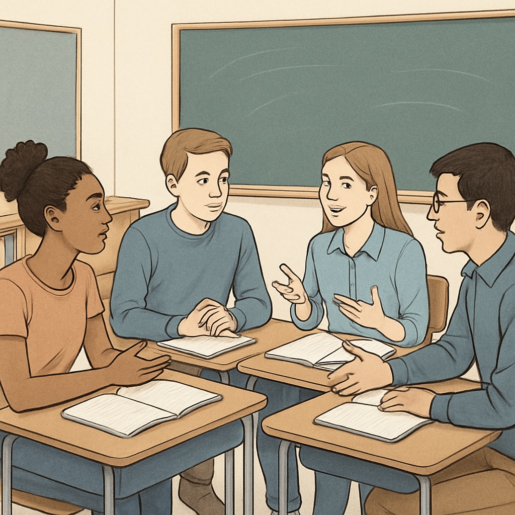 A classroom setting with students discussing ideas, representing critical thinking development. Students engaging in critical thinking discussions in a classroom environment.