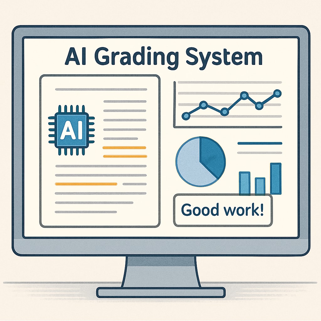 An AI-powered grading system analyzing student submissions, with visual insights and real-time feedback displayed on a computer screen. A smart assessment system powered by AI providing insights for student evaluations.