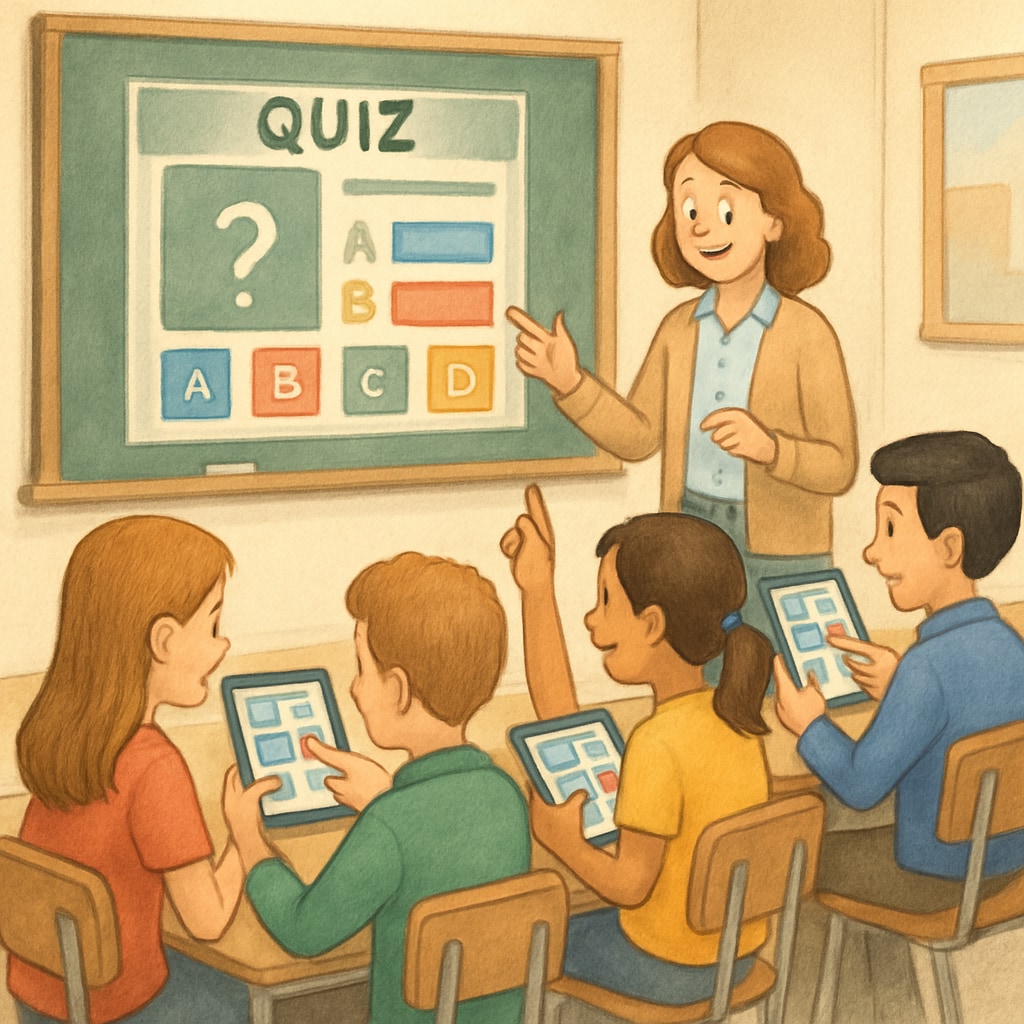Students engaging with an interactive quiz on their tablets in a classroom setting. Students participating in a digital quiz activity in class.