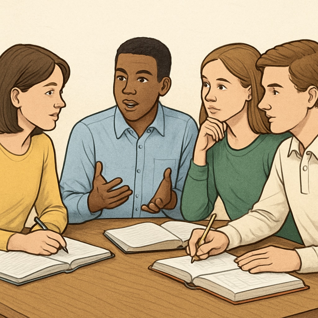 Students engaged in a group discussion, symbolizing the development of collaborative critical thinking skills. Students collaborating in a group activity to foster critical thinking and teamwork.