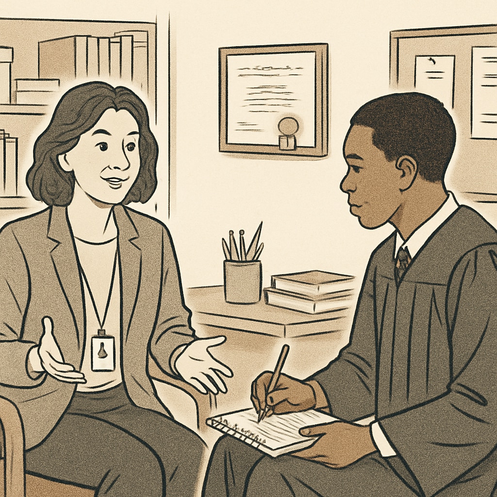 School counselor discussing professional insights with a graduate counseling student.