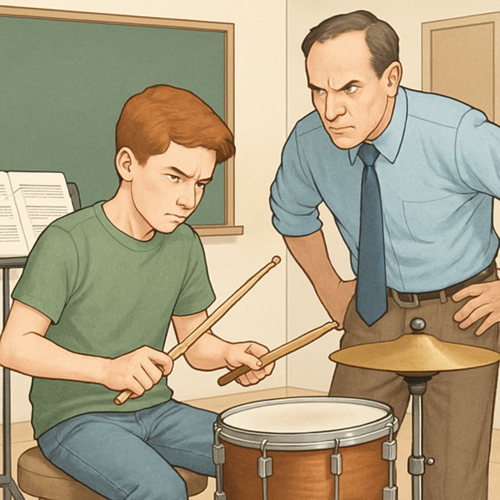 Musician practicing under strict guidance for potential development
