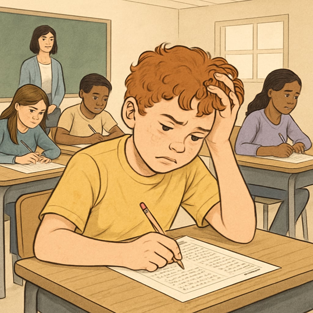 A classroom setting showing students taking standardized tests, highlighting the challenges faced by ADHD students. Students taking standardized tests, illustrating ADHD challenges in gifted education programs