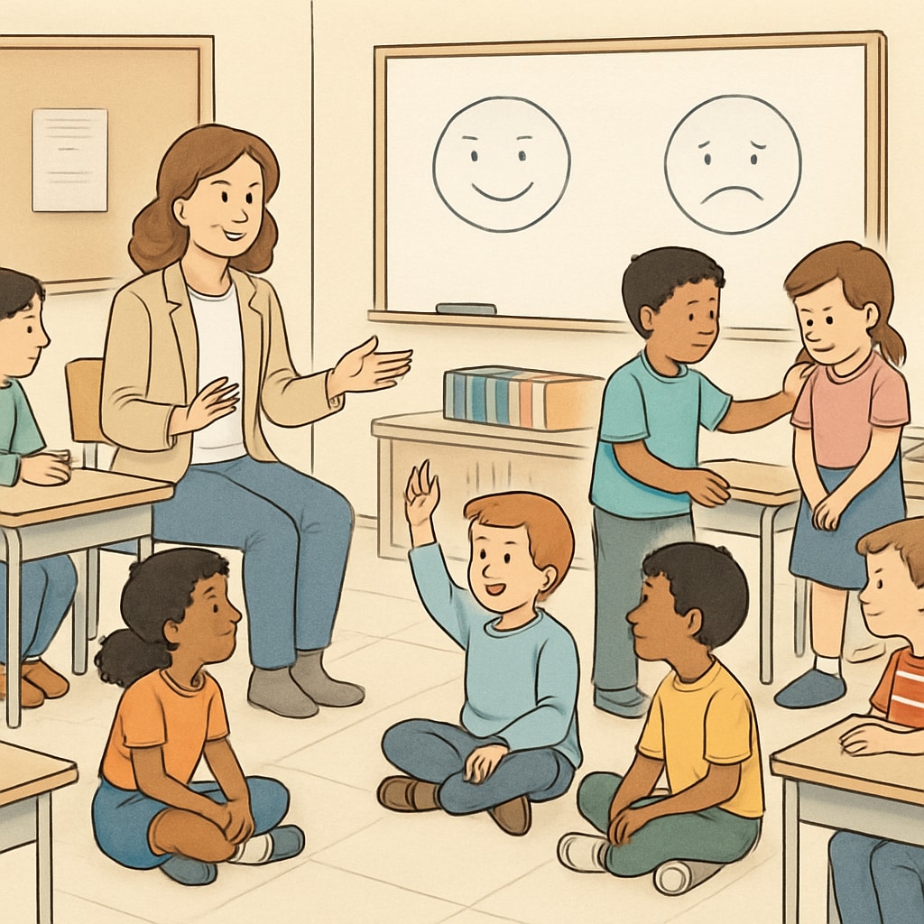 A classroom setting where children are engaging in emotional education activities such as group discussions or role-playing exercises. Children participating in emotional education activities in a classroom environment.
