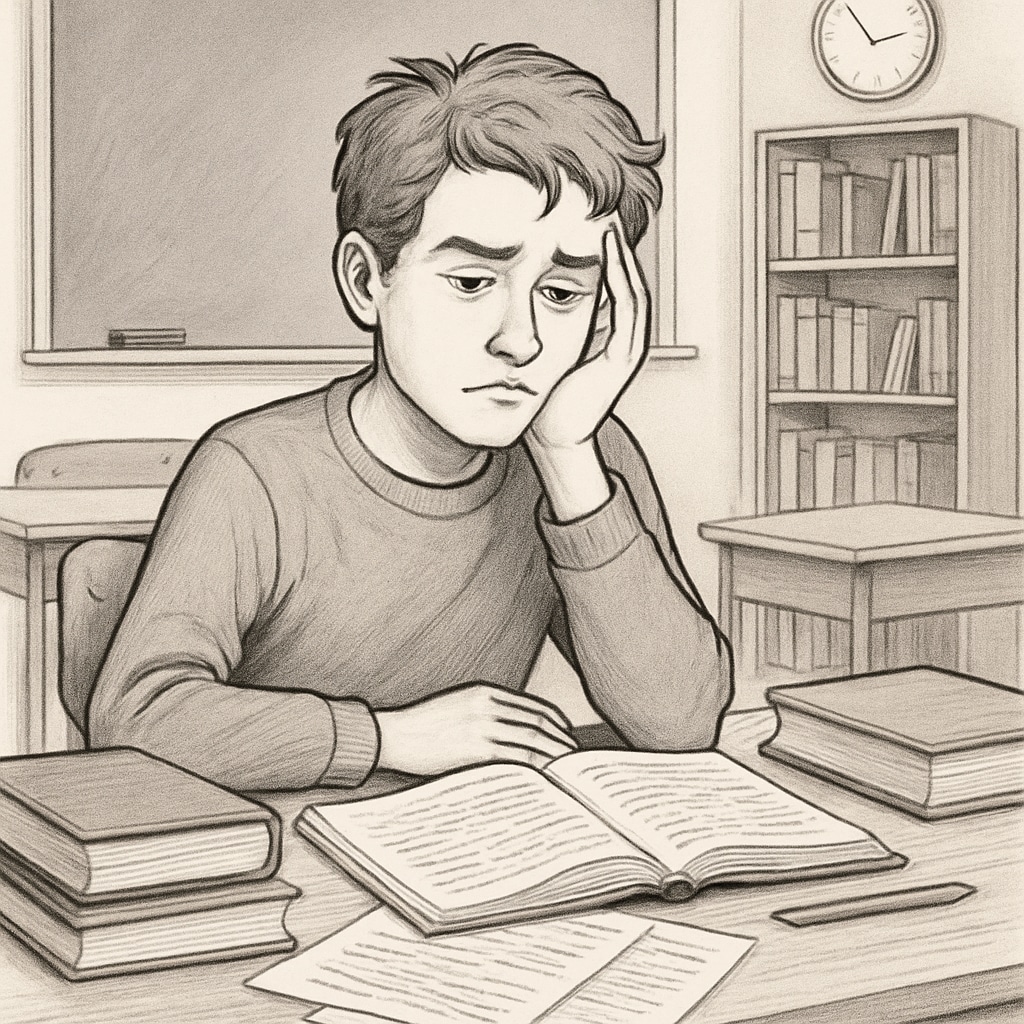 A frustrated student in a classroom setting, symbolizing the overlooked potential of ADHD-affected gifted learners. A frustrated student in a classroom, representing the challenges ADHD brings to talent recognition