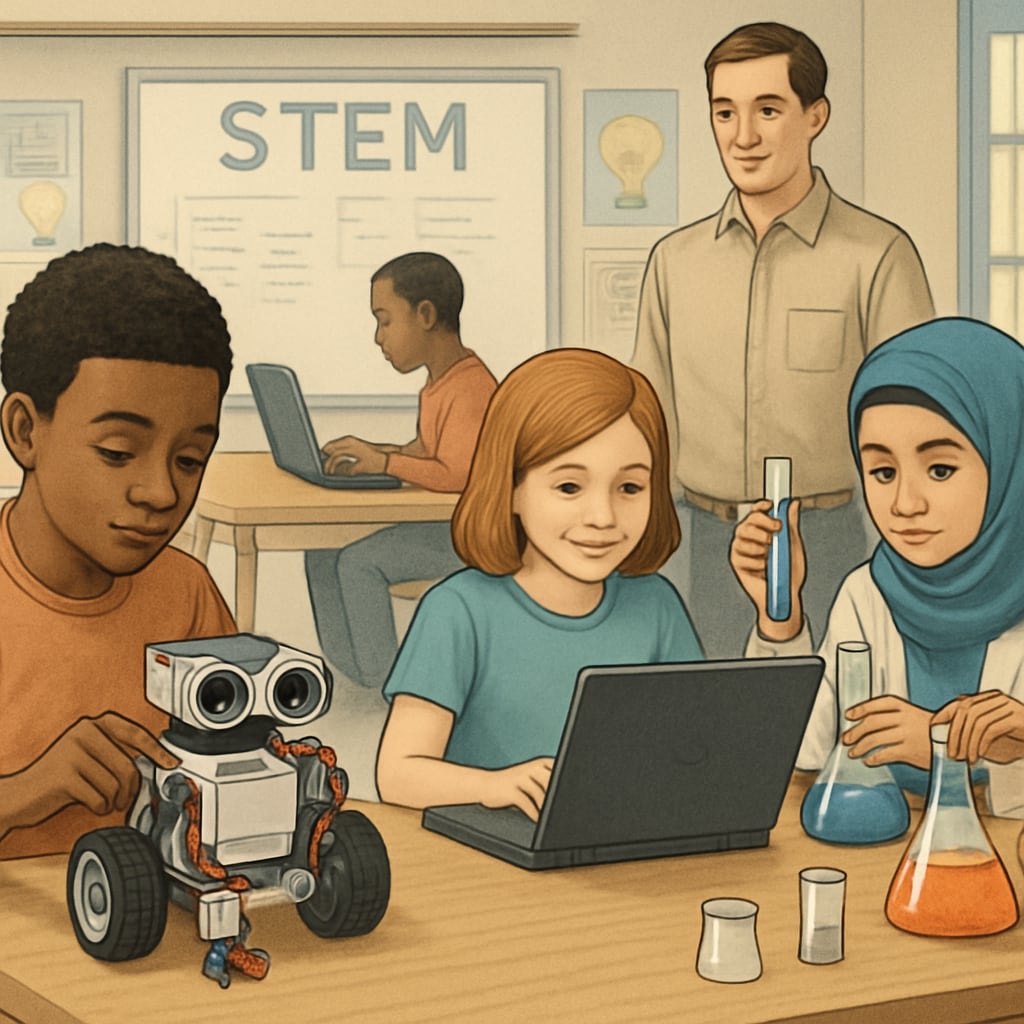 A classroom with students engaged in STEM activities, representing K-12 education adapting to higher standards. K-12 classroom focusing on STEM education to prepare students for university