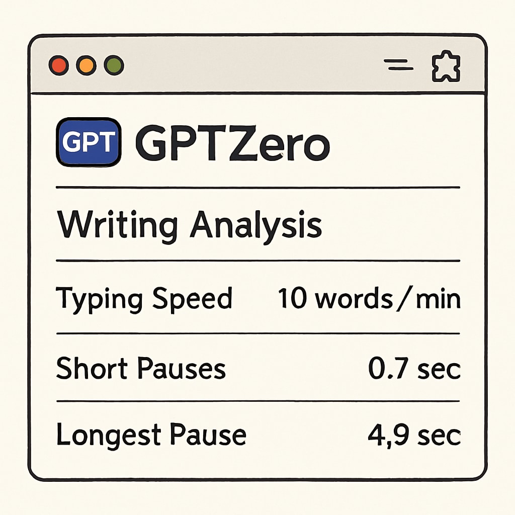 A screenshot of the GPTZero Chrome extension interface showing writing analysis metrics, including typing speed and pause durations. GPTZero Chrome extension interface for student writing monitoring.