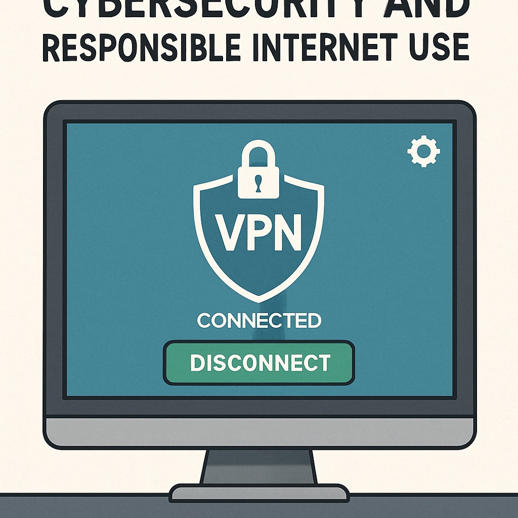 A graphic showing a VPN connection on a computer screen, with a focus on cybersecurity education and responsible internet use. VPN connection graphic highlighting cybersecurity and education