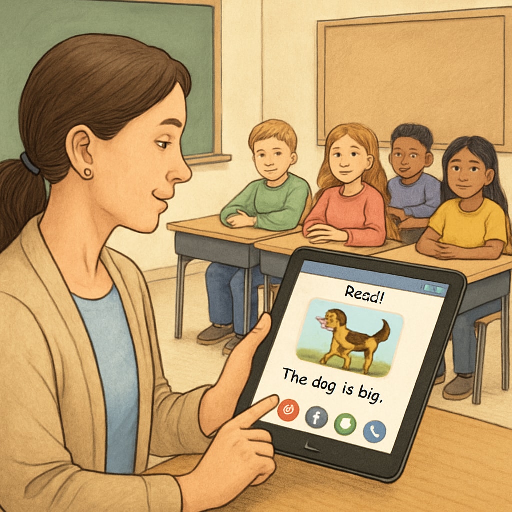 A teacher using the children's reading app on an Android tablet during a classroom reading session. Teacher and students using a children's reading app in class.