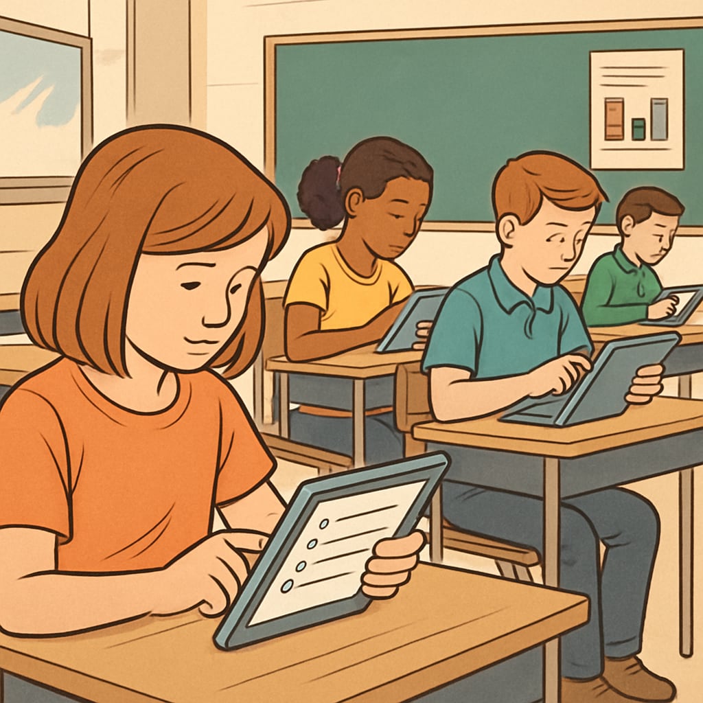 A classroom setting with students taking a test on tablets, symbolizing modern K12 assessment tools. Students using tablets for testing in a K12 classroom environment