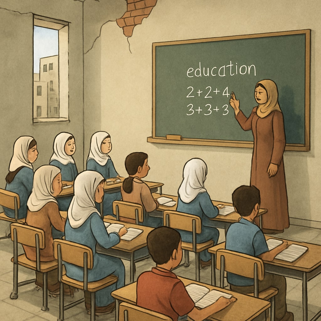 A classroom in Gaza highlighting the importance of rebuilding education.