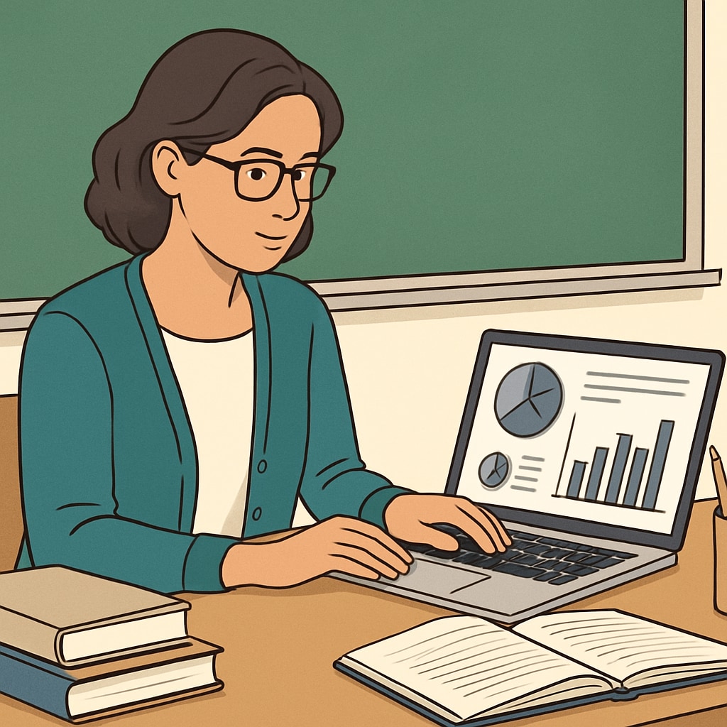 A teacher reviewing analytics on a laptop, showcasing insights from test resource data. Teacher analyzing data from K12 test resources on a laptop