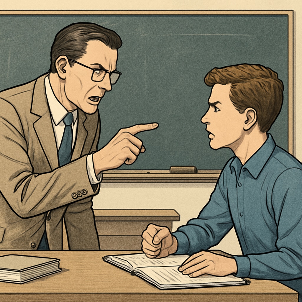 A still from the movie Whiplash showing an intense interaction between the teacher and student, emphasizing the theme of rigorous education. Whiplash movie scene depicting rigorous teacher-student interaction.