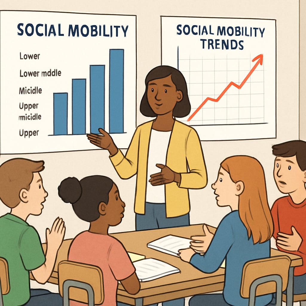 A classroom setting where students are discussing social issues, with charts depicting social mobility trends. Students in a classroom analyzing social mobility data.