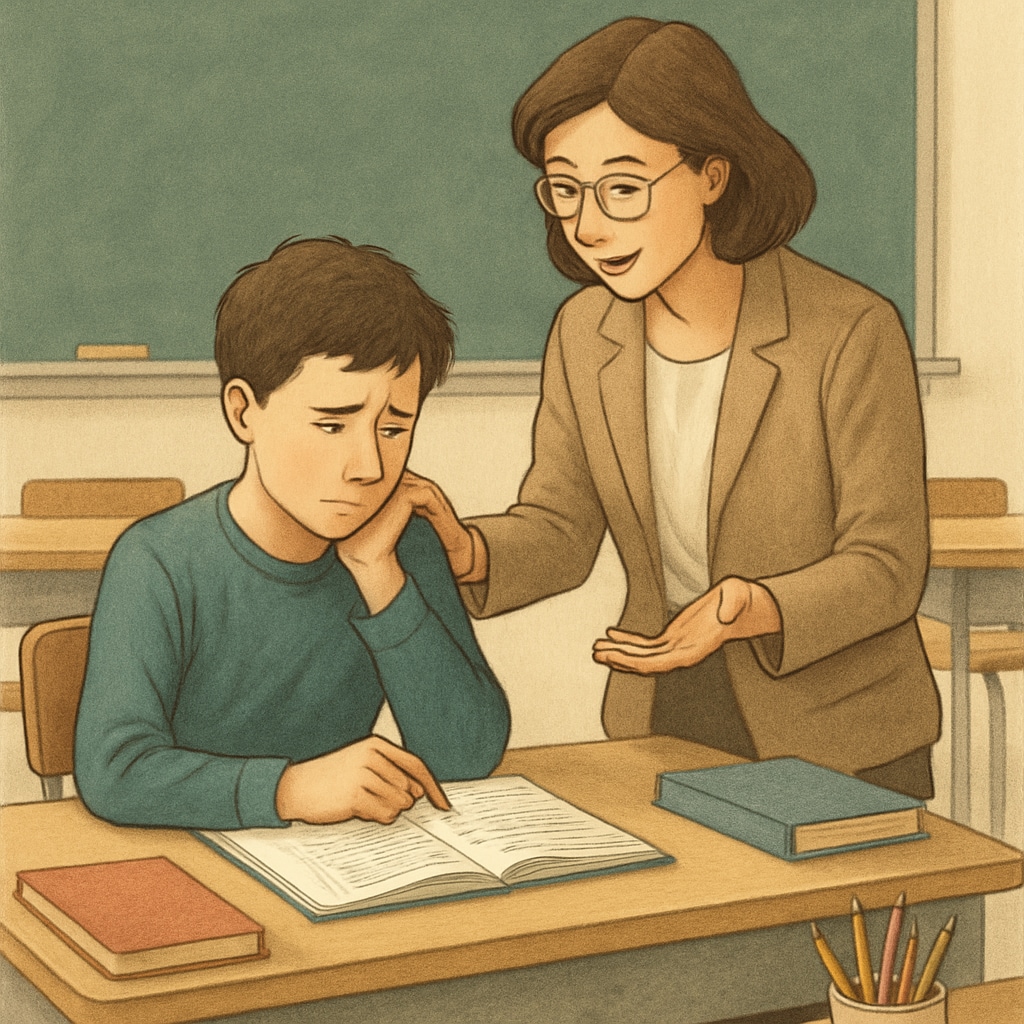 A teacher providing constructive feedback to a student inside a classroom. The image highlights the need for emotional support in education. Teacher offering supportive feedback to a student in a classroom.