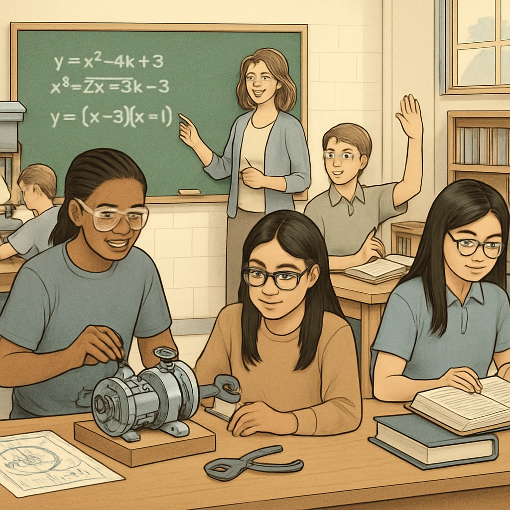 A diverse classroom with students engaged in both hands-on technical projects and traditional academic lessons, symbolizing harmony between CTE and traditional education. Students participating in both technical and academic activities in a balanced classroom.