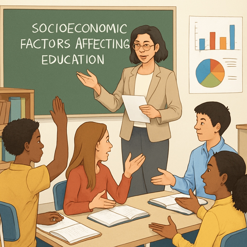 A teacher leading a debate in a classroom about socioeconomic factors affecting education. Classroom debate on socioeconomic issues led by a teacher.
