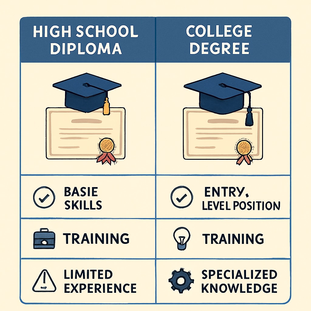 A comparison chart showing high school diploma vs. college degree qualifications in job applications. Chart comparing qualifications required for jobs, highlighting the paradox of a high school diploma outweighing a college degree.