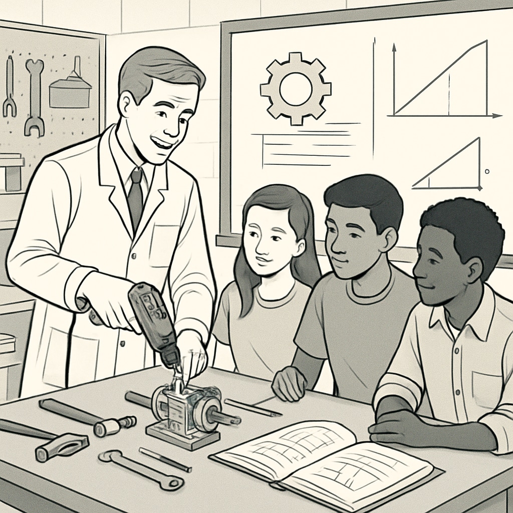 A teacher guiding students in a workshop setting, demonstrating real-world applications of academic theories, bridging CTE and traditional academics. Teacher helping students connect academic theories with practical skills in a workshop.