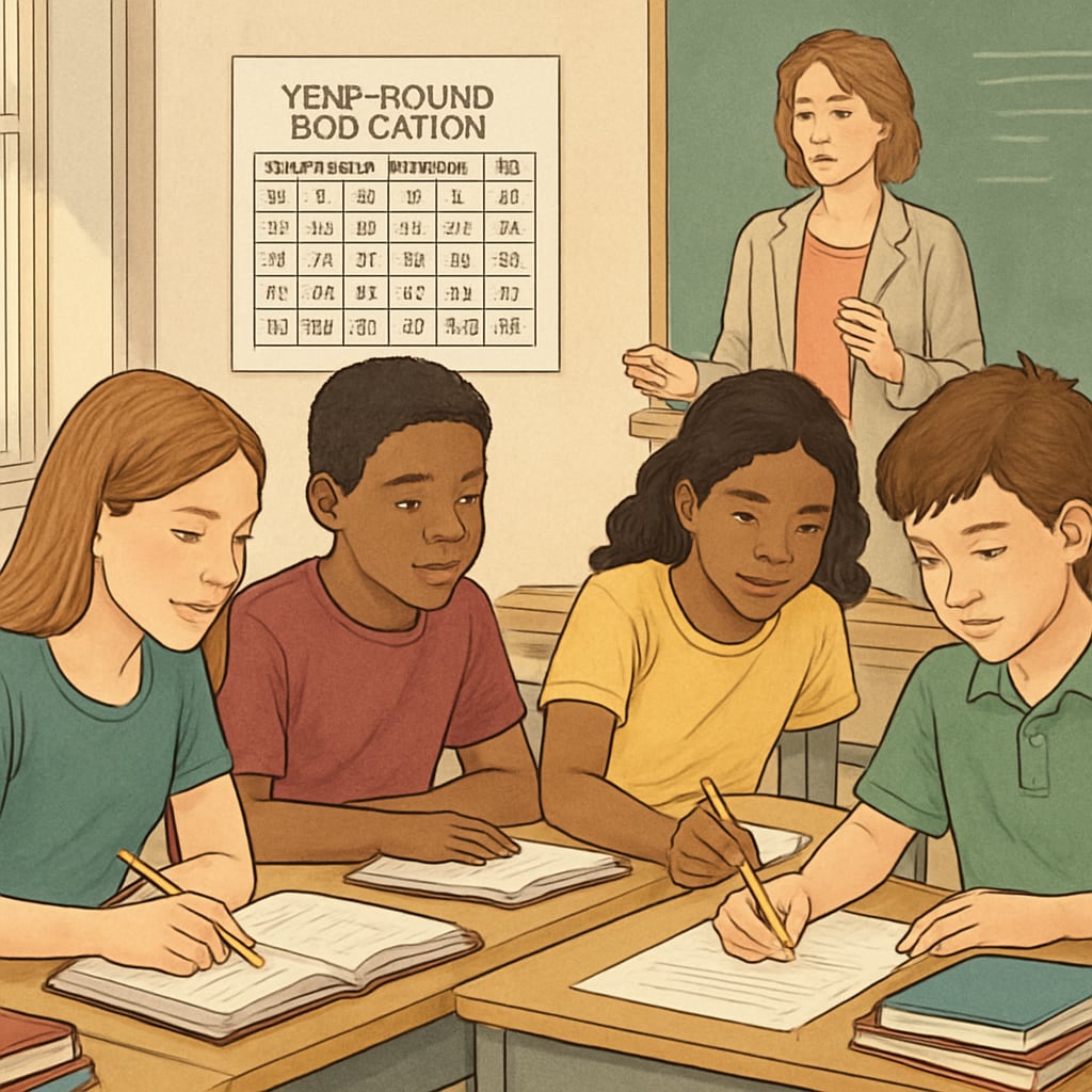 A classroom with students actively engaged in learning during a year-round education schedule, showing collaboration and focus. Year-round education classroom with engaged students.