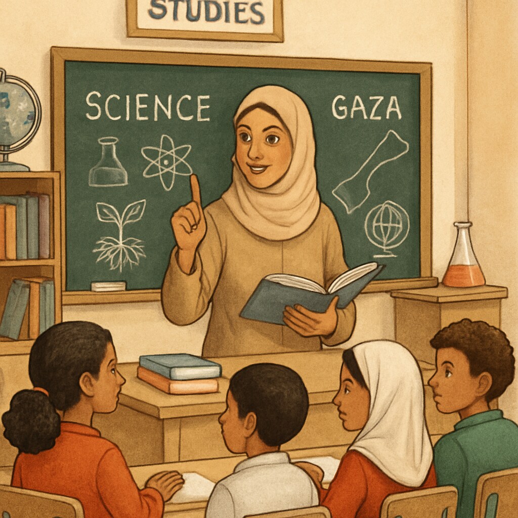 Gaza classroom with children learning science and social studies.